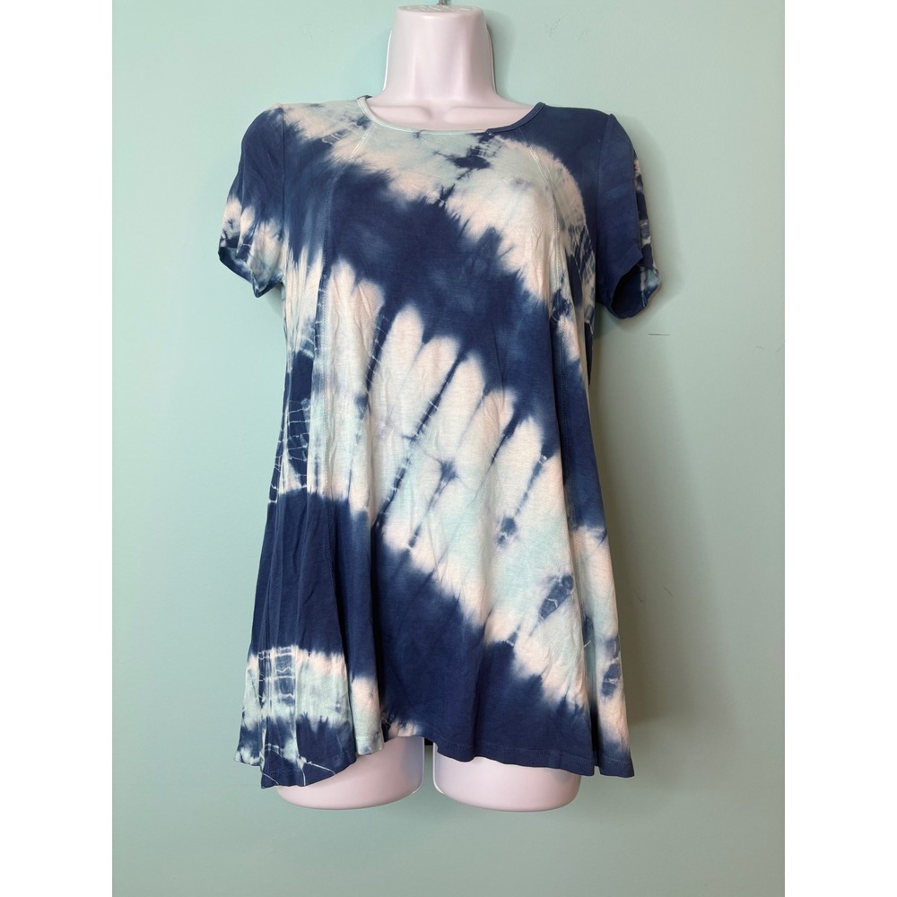Sunday Blue White Tie Dye Short Sleeve Swing Tunic Top‎ Small Boho Hippie